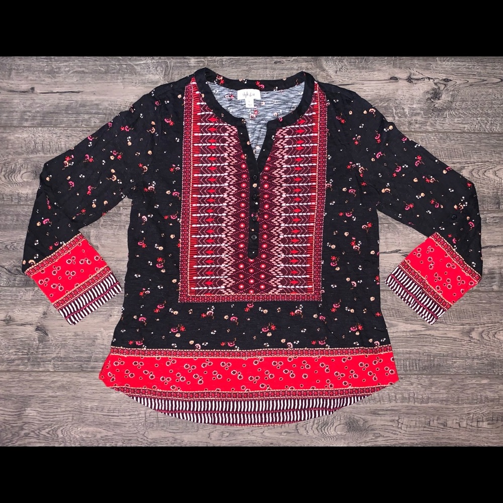 Style&Co Red&Black Long Sleeve Floral Tunic Blouse